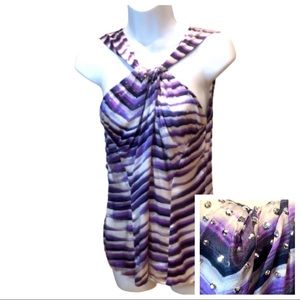 CACHE 💯% silk purple/white tank top•silver studs•gathered neckline•sleeveless•M